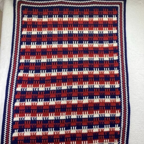 Vintage Crocheted Afghan 54" x 38"Throw Blanket Patriotic Red White Blue - Picture 1 of 11